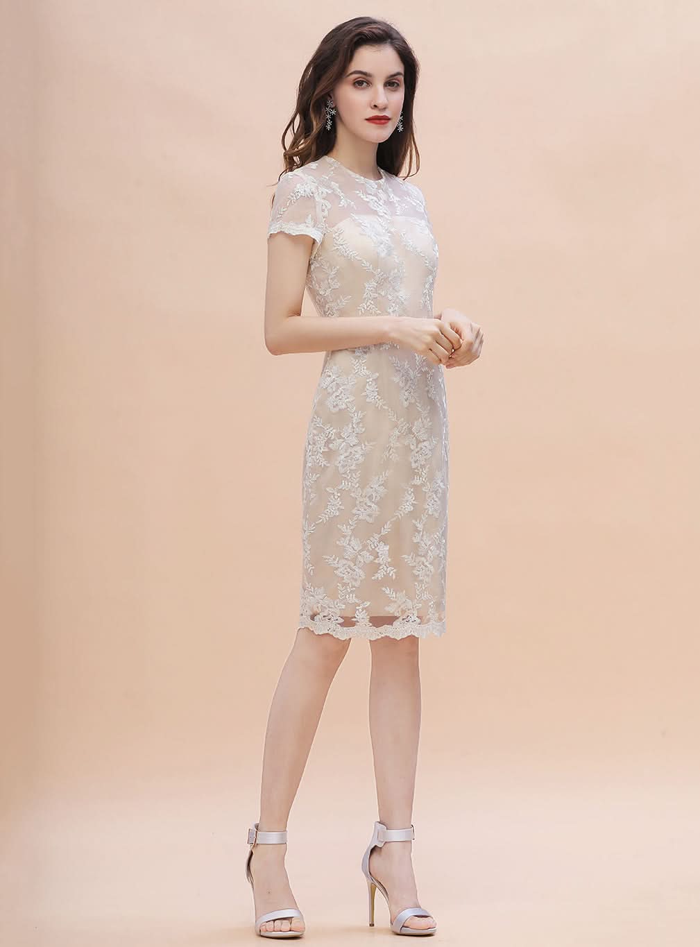 Jewel Short Sleeves Tulle Lace Knee-Length Dress BMbride