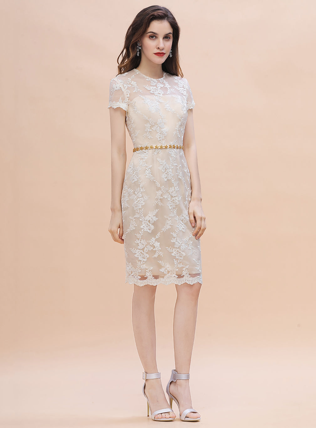 Jewel Short Sleeves Tulle Lace Knee-Length Dress BMbride