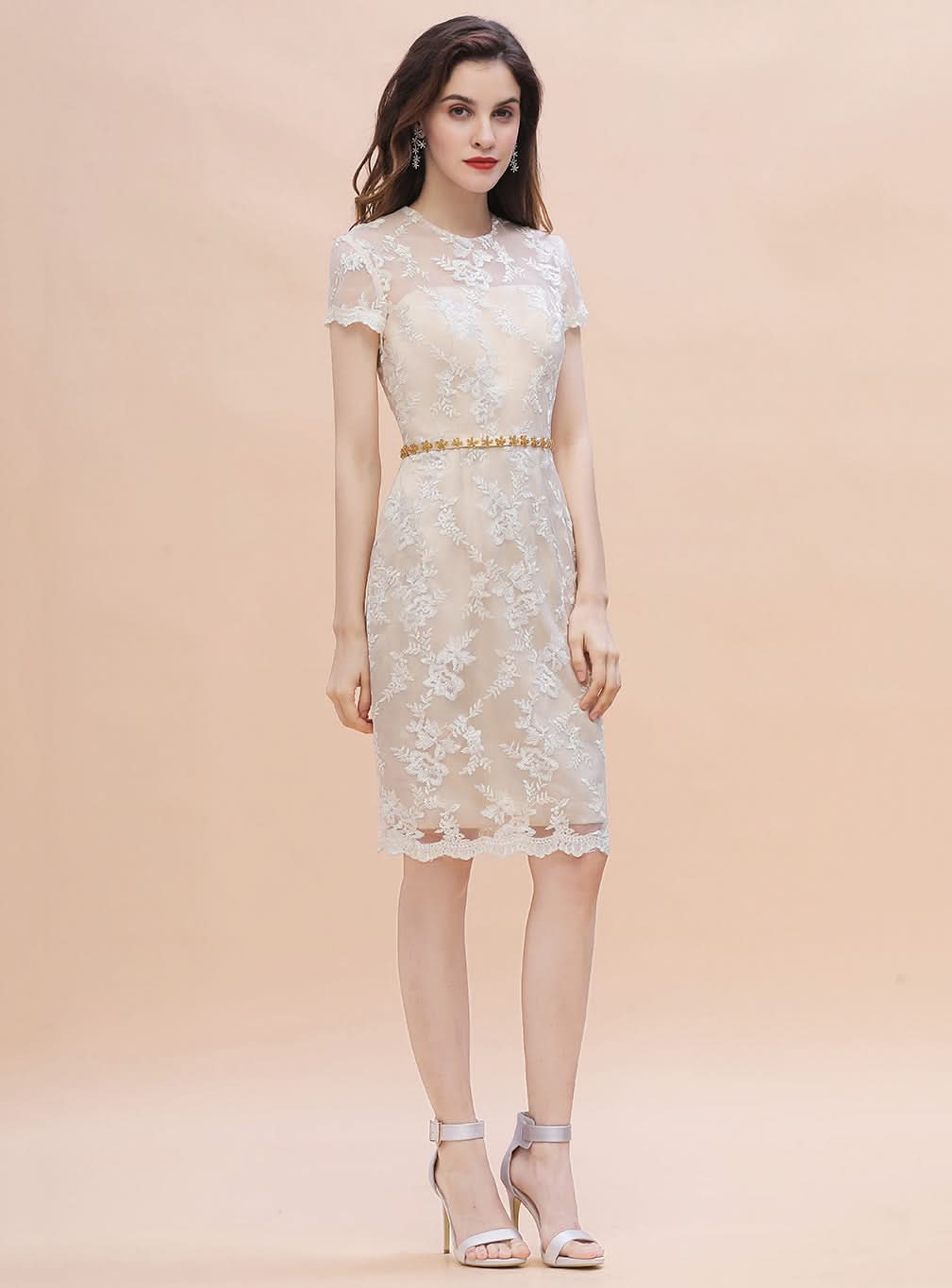 Jewel Short Sleeves Tulle Lace Knee-Length Dress BMbride