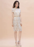 Jewel Short Sleeves Tulle Lace Knee-Length Dress BMbride