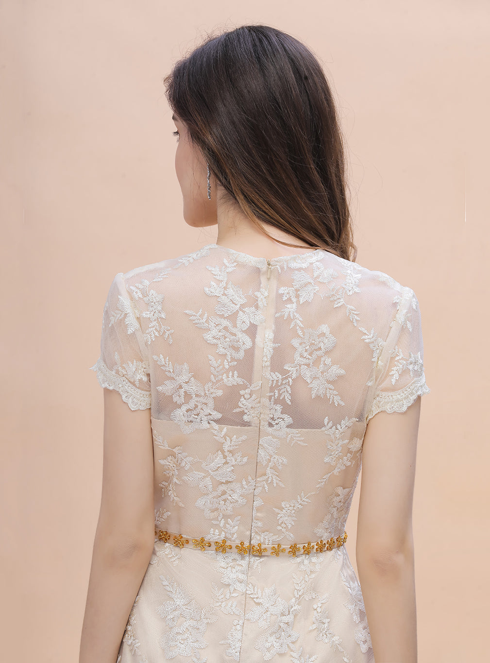 Jewel Short Sleeves Tulle Lace Knee-Length Dress BMbride
