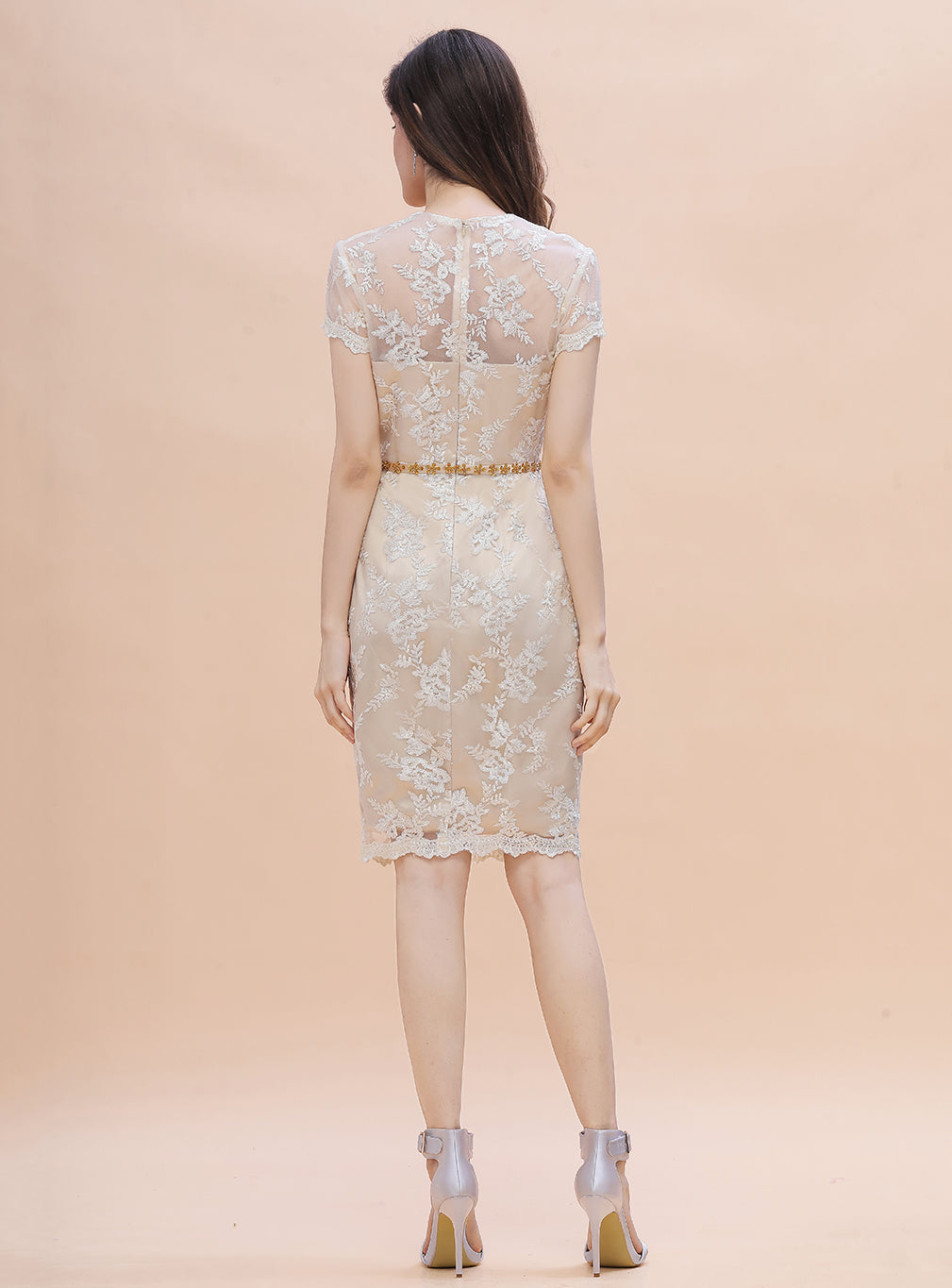 Jewel Short Sleeves Tulle Lace Knee-Length Dress BMbride