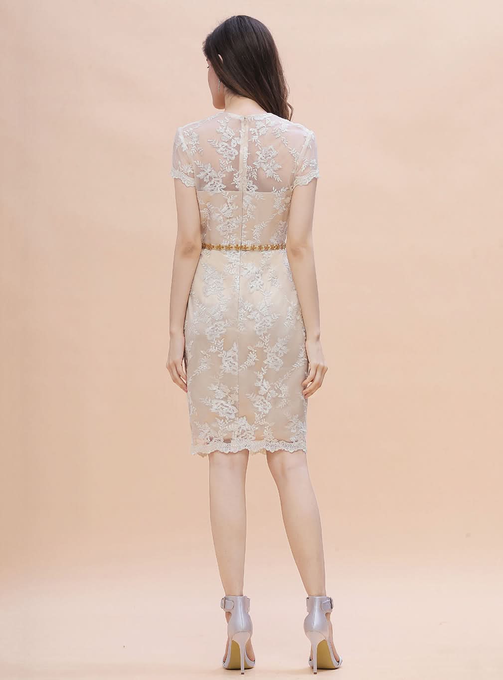 Jewel Short Sleeves Tulle Lace Knee-Length Dress BMbride
