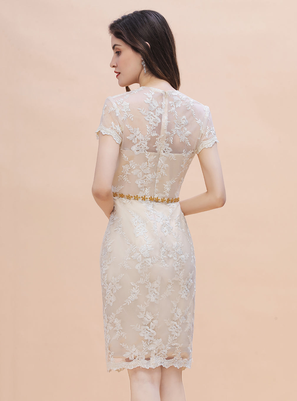 Jewel Short Sleeves Tulle Lace Knee-Length Dress BMbride