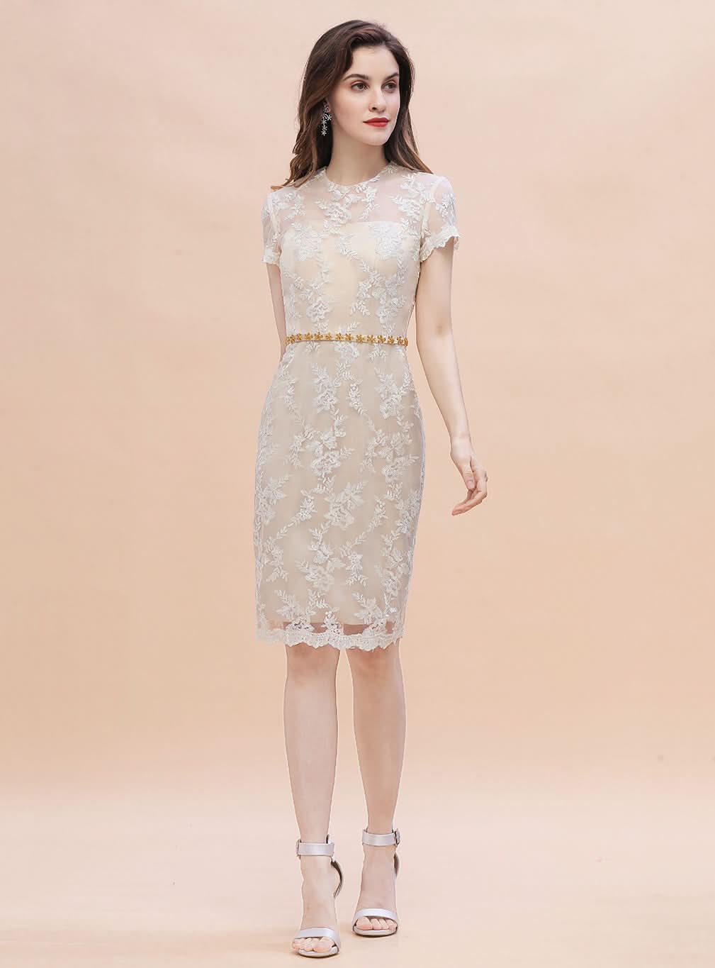 Jewel Short Sleeves Tulle Lace Knee-Length Dress BMbride