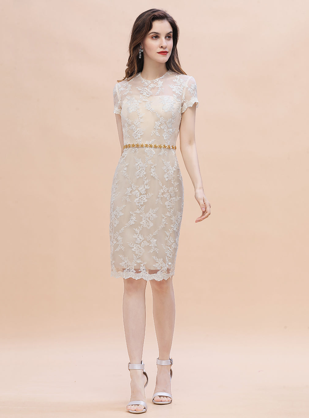 Jewel Short Sleeves Tulle Lace Knee-Length Dress BMbride