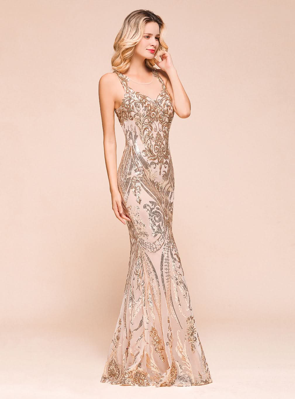 Jewel Sleeveless Sequins Mermaid Floor-Length Dress BMbride
