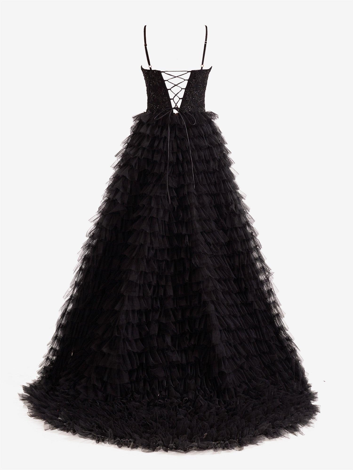 Stylish Black A-Line Tiered Sequins Tulle Long Prom Dress BM bride