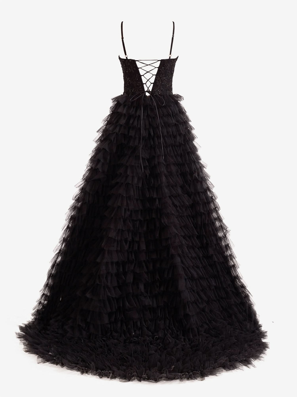 Stylish Black A-Line Tiered Sequins Tulle Long Prom Dress BM bride
