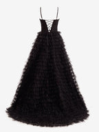 Stylish Black A-Line Tiered Sequins Tulle Long Prom Dress BM bride