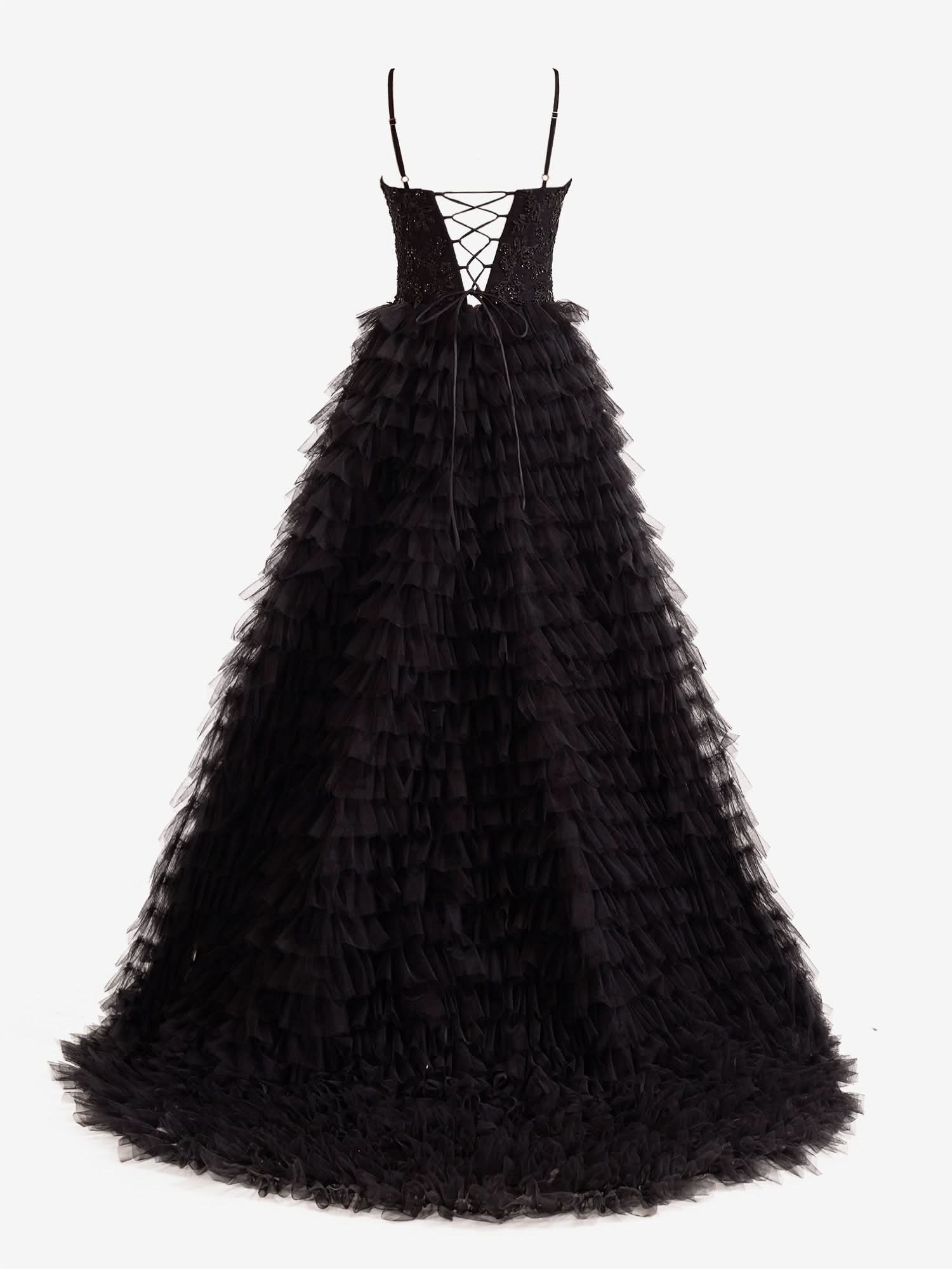 Stylish Black A-Line Tiered Sequins Tulle Long Prom Dress BM bride