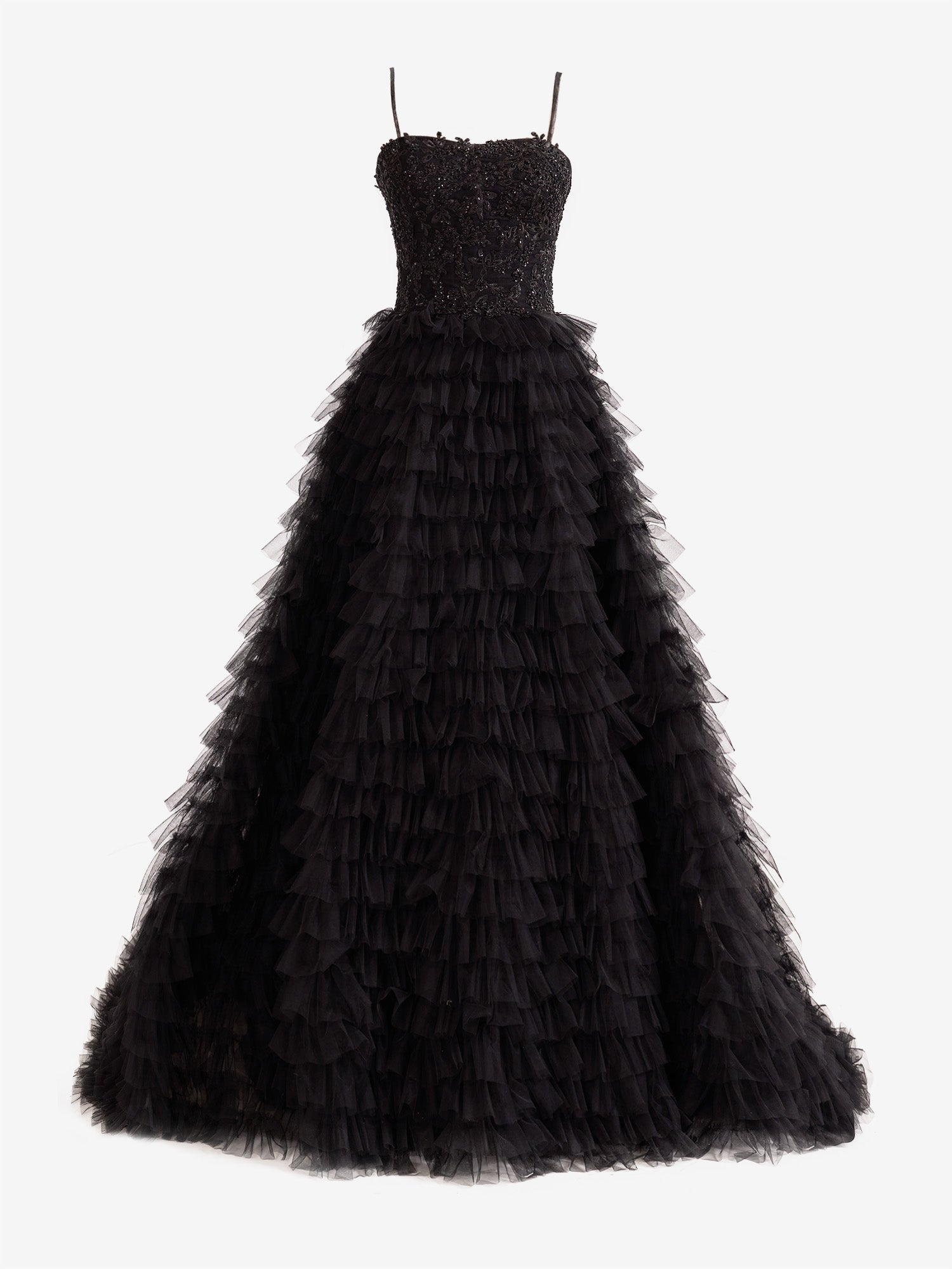 Stylish Black A-Line Tiered Sequins Tulle Long Prom Dress BM bride