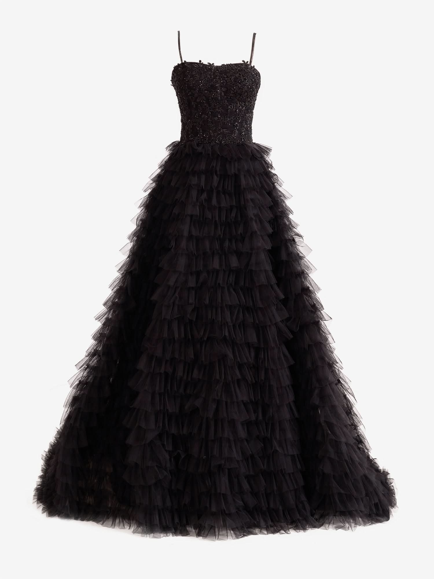 Stylish Black A-Line Tiered Sequins Tulle Long Prom Dress BM bride