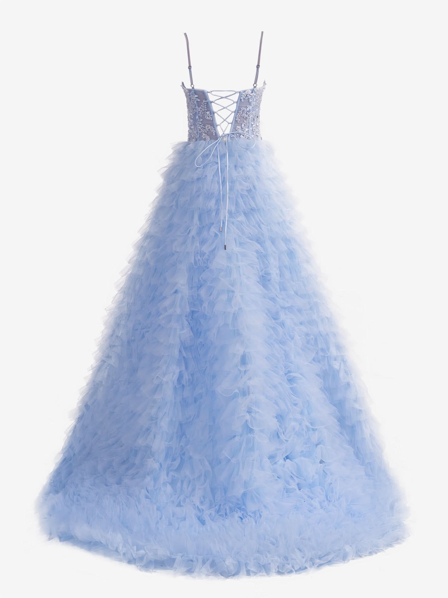 Stylish Sky Blue A-Line Tiered Sequins Tulle Long Prom Dress BM bride