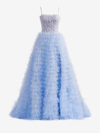 Stylish Sky Blue A-Line Tiered Sequins Tulle Long Prom Dress BM bride