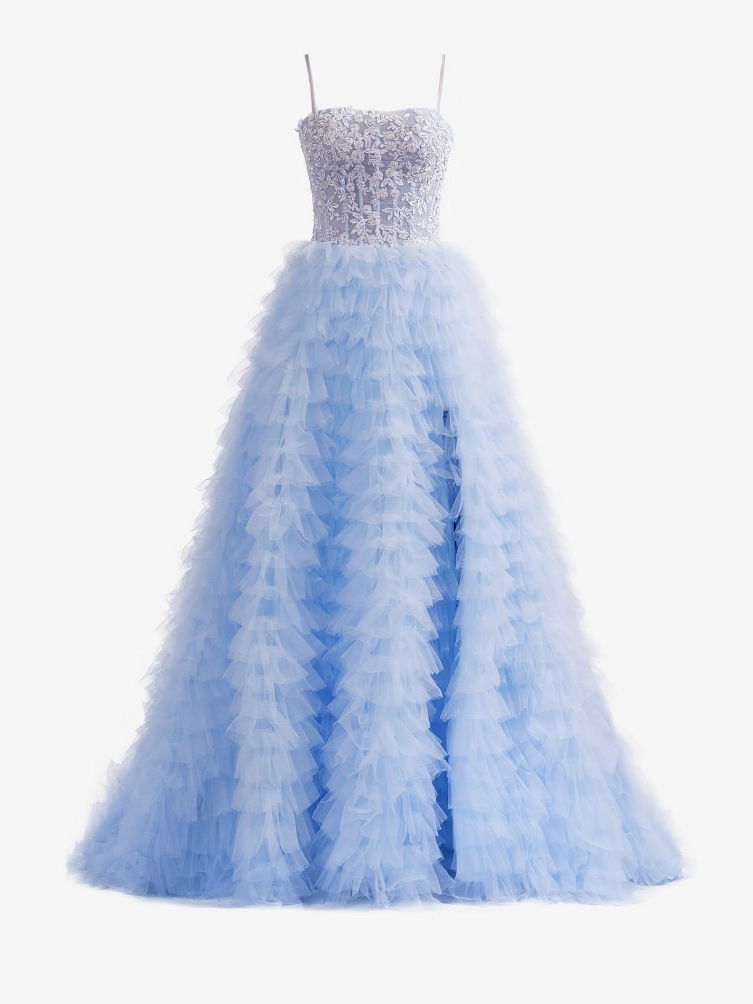 Stylish Sky Blue A-Line Tiered Sequins Tulle Long Prom Dress BM bride