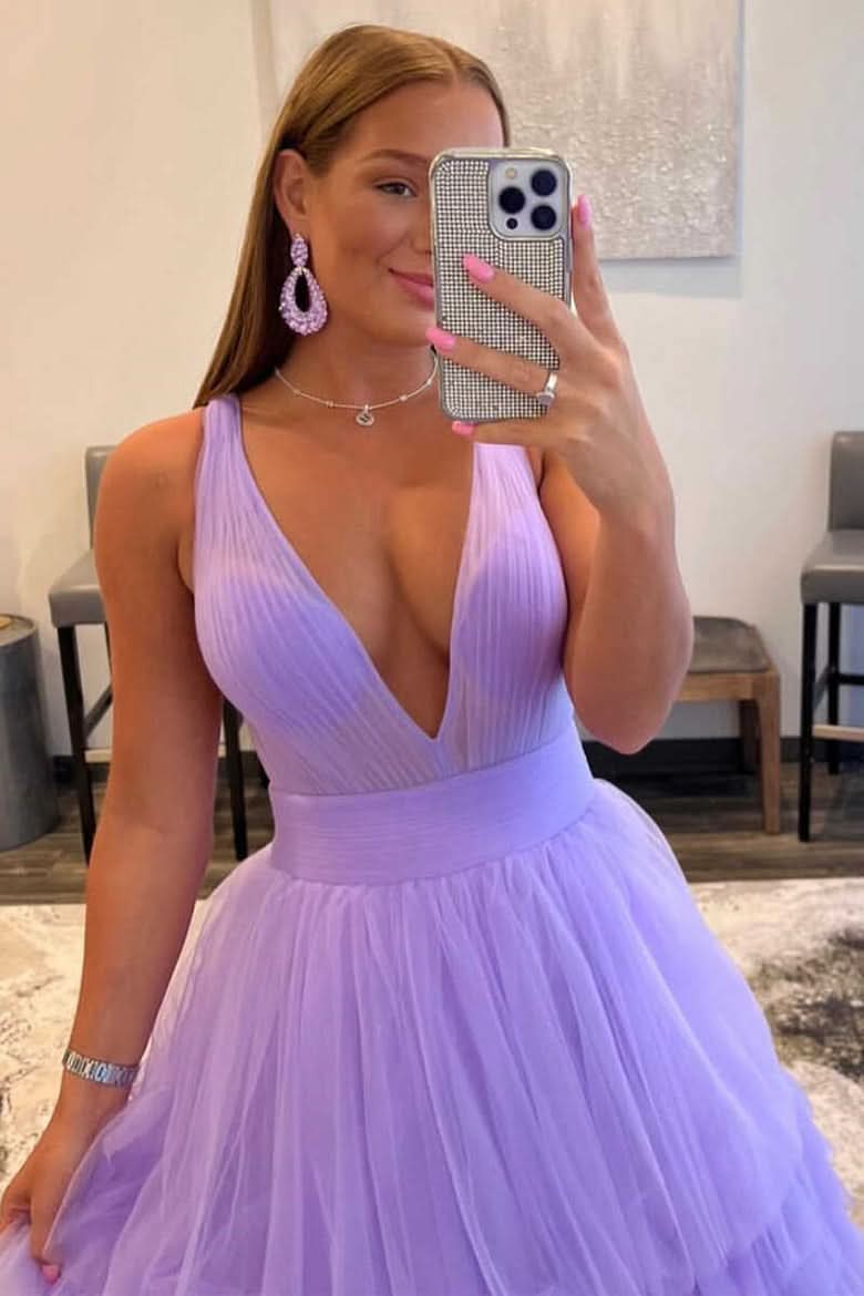 Charming A-Line Orange V-Neck Tulle Long Prom Dress BM bride