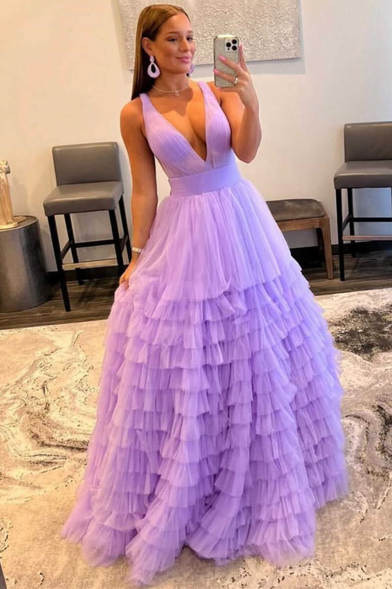 Charming A-Line Orange V-Neck Tulle Long Prom Dress BM bride