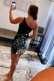 Stylish Black Gradient Cut Glass Mirror One-Shoulder Short Dress BM bride