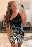 Stylish Black Gradient Cut Glass Mirror One-Shoulder Short Dress BM bride