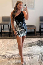 Stylish Black Gradient Cut Glass Mirror One-Shoulder Short Dress BM bride