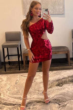 Daring Red Cut Glass Mirror One-Sleeve Cutout Short Cocktail Gown BM bride