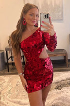 Daring Red Cut Glass Mirror One-Sleeve Cutout Short Cocktail Gown BM bride