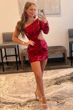 Daring Red Cut Glass Mirror One-Sleeve Cutout Short Cocktail Gown BM bride
