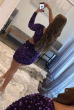 Vibrant Purple Sequin One-Sleeve Cutout Short Homecoming Dress BM bride