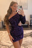 Vibrant Purple Sequin One-Sleeve Cutout Short Homecoming Dress BM bride