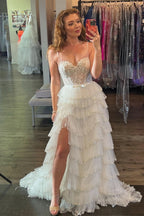 Gorgeous White Straps Floral Sequined Multi-Layers Long Prom Dress with Slit BM bride
