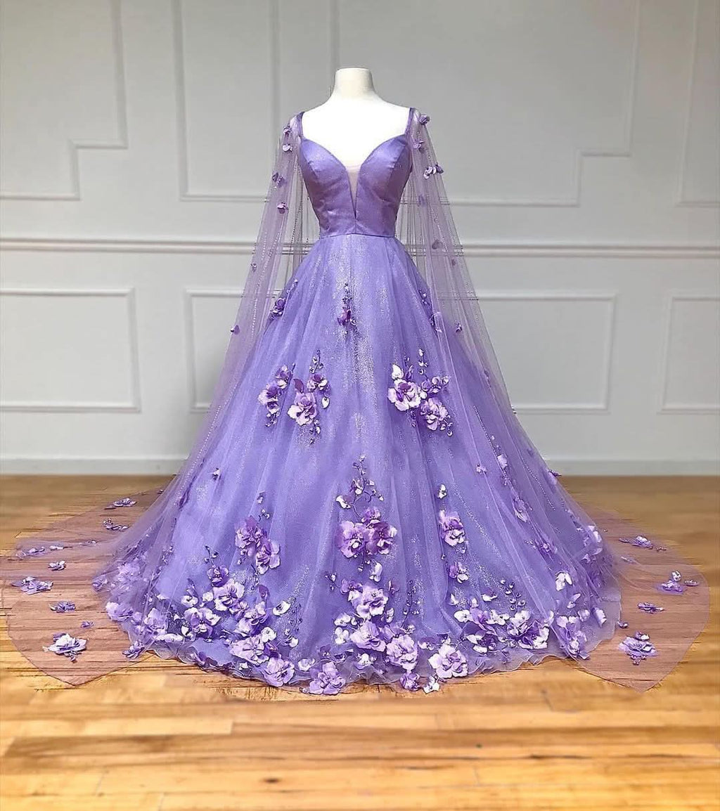 Lovely Lavender 3D Floral Lace A-Line Prom Dress with Cape Sleeves BM bride