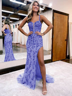 Sparkly Blue Sheath Sequins Long Prom Dress with Slit BM bride
