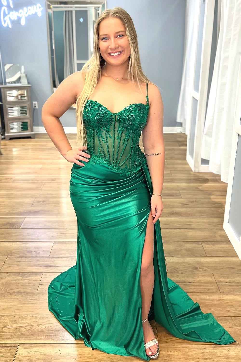 Trendy Mermaid Spaghetti Straps Silver Corset Prom Dress with Appliques