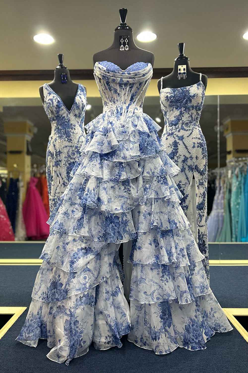 Blush Sweetheart A-Line Chiffon Floral Ruffled Long Corset Prom Dress with Slit