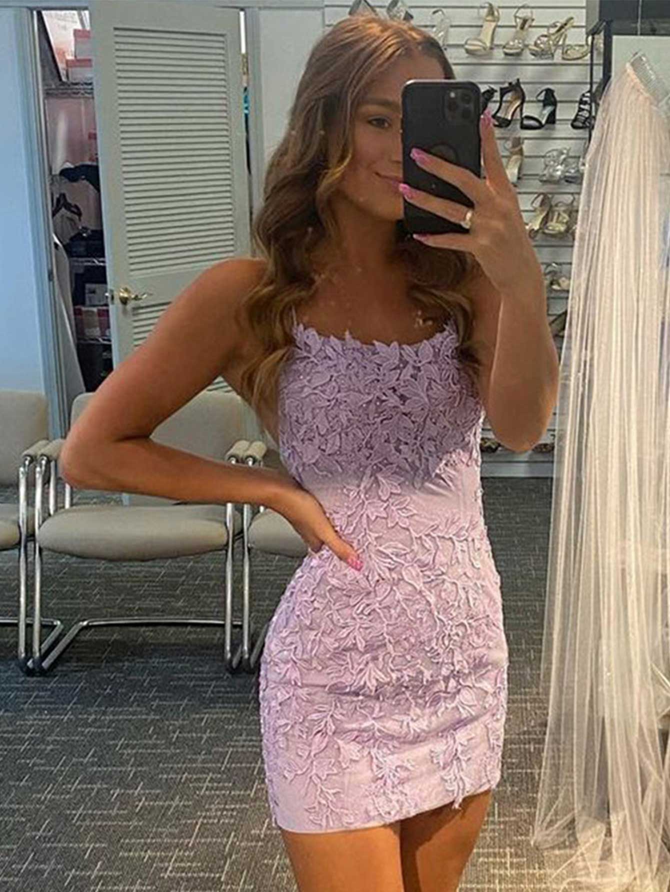 Chic Sheath Spaghetti Straps Lace Homecoming Dress BM bride