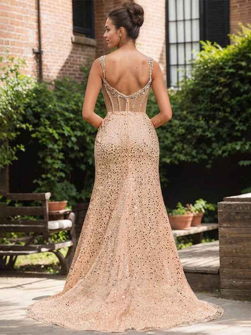 Sparkly Gold Mermaid Long Prom Dress With Beading Slit BMBRIDE