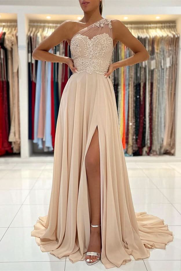 Lace Appliques A-Line Sleeveless One-Shoulder Simple Prom Dress BM bride