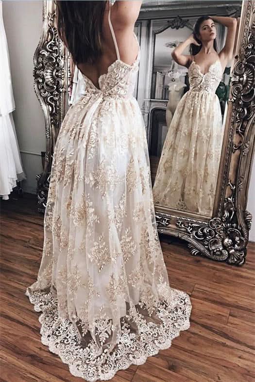 BMbride Lace Appliques Elegant V-Neck Prom Dress Tiered Backless Sleeveless Evening Dress BMbride