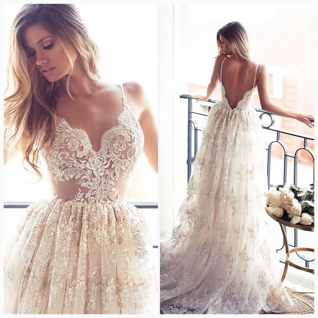 BMbride Lace Appliques Elegant V-Neck Prom Dress Tiered Backless Sleeveless Evening Dress BMbride