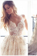 BMbride Lace Appliques Elegant V-Neck Prom Dress Tiered Backless Sleeveless Evening Dress BMbride