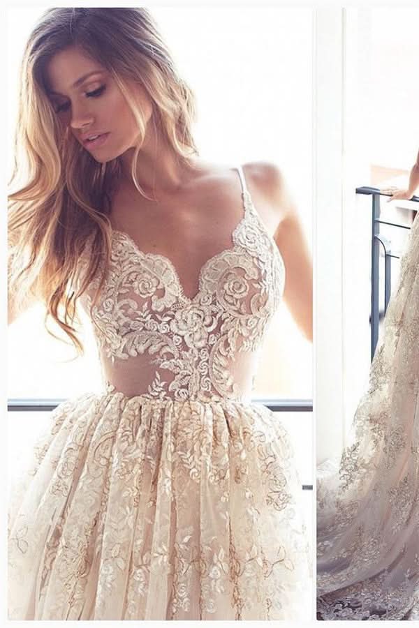 BMbride Lace Appliques Elegant V-Neck Prom Dress Tiered Backless Sleeveless Evening Dress BMbride