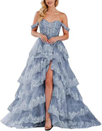 Lace Appliques Prom Dresses for Women Sparkly Tiered Tulle Off The Shoulder Formal Evening Gowns with Slit - Bmbride
