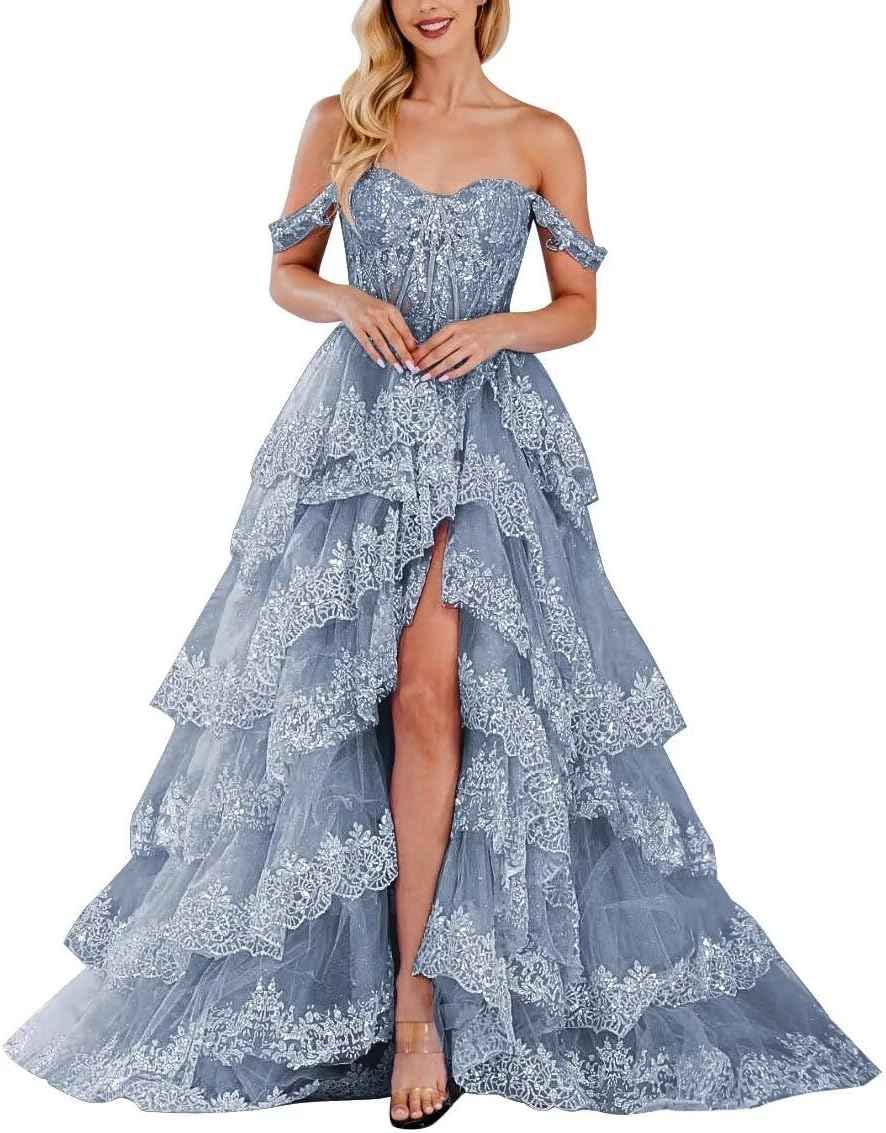 Lace Appliques Prom Dresses for Women Sparkly Tiered Tulle Off The Shoulder Formal Evening Gowns with Slit - Bmbride