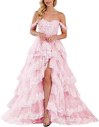 Lace Appliques Prom Dresses for Women Sparkly Tiered Tulle Off The Shoulder Formal Evening Gowns with Slit - Bmbride