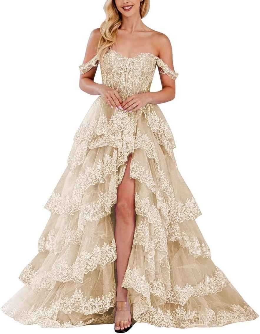 Lace Appliques Prom Dresses for Women Sparkly Tiered Tulle Off The Shoulder Formal Evening Gowns with Slit - Bmbride