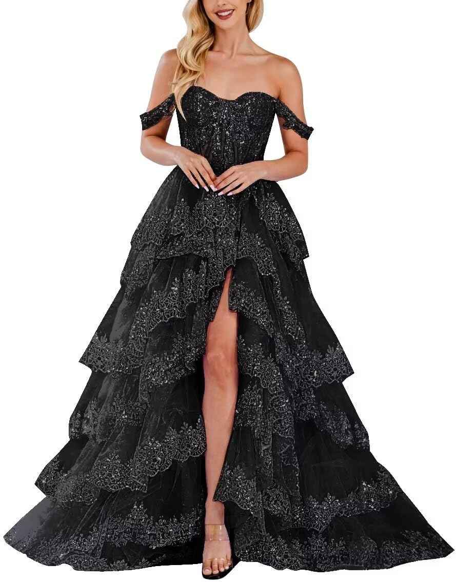 Lace Appliques Prom Dresses for Women Sparkly Tiered Tulle Off The Shoulder Formal Evening Gowns with Slit - Bmbride