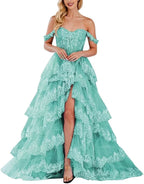Lace Appliques Prom Dresses for Women Sparkly Tiered Tulle Off The Shoulder Formal Evening Gowns with Slit - Bmbride