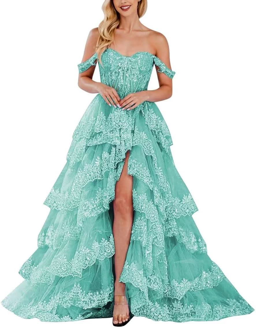 Lace Appliques Prom Dresses for Women Sparkly Tiered Tulle Off The Shoulder Formal Evening Gowns with Slit - Bmbride