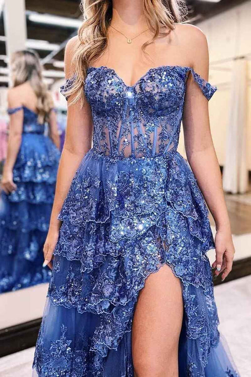 Lace Appliques Prom Dresses for Women Sparkly Tiered Tulle Off The Shoulder Formal Evening Gowns with Slit - Bmbride